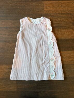 Pink Striped Sleeveless Girls Dress with Embroidered Scallop Trim